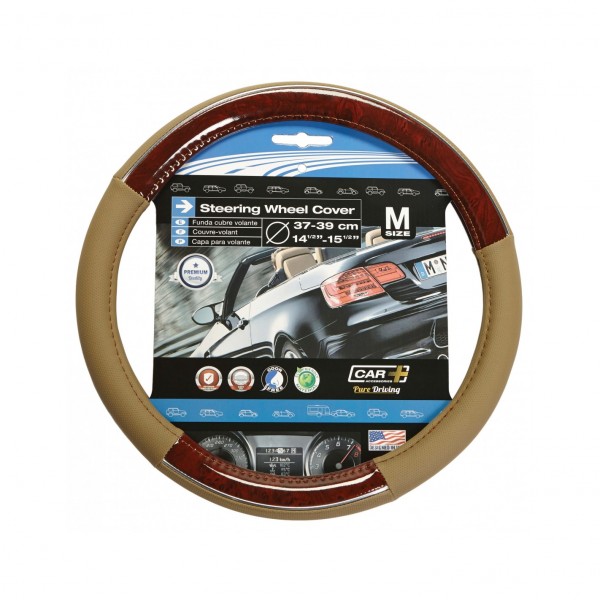 Funda de Volante Transpirable tipo Polipiel, con efecto Madera y Piel Beige, Universal para Volnates 37-39cm diametro