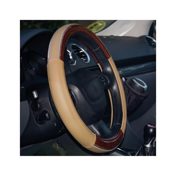 Funda de Volante Transpirable tipo Polipiel, con efecto Madera y Piel Beige, Universal para Volnates 37-39cm diametro