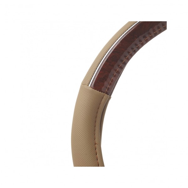 Funda de Volante Transpirable tipo Polipiel, con efecto Madera y Piel Beige, Universal para Volnates 37-39cm diametro