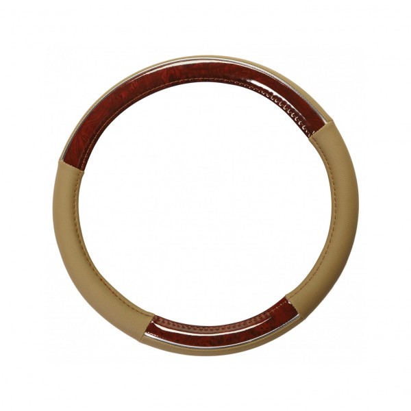 Funda de Volante Transpirable tipo Polipiel, con efecto Madera y Piel Beige, Universal para Volnates 37-39cm diametro