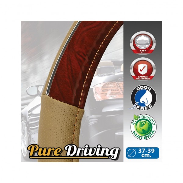 Funda de Volante Transpirable tipo Polipiel, con efecto Madera y Piel Beige, Universal para Volnates 37-39cm diametro