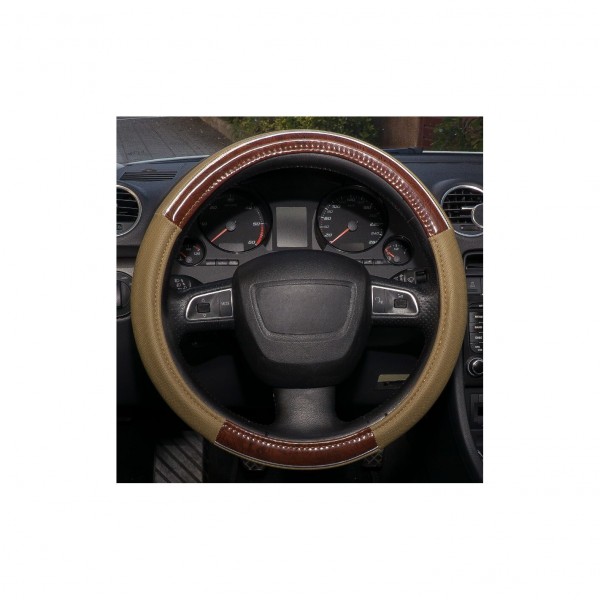 Funda de Volante Transpirable tipo Polipiel, con efecto Madera y Piel Beige, Universal para Volnates 37-39cm diametro